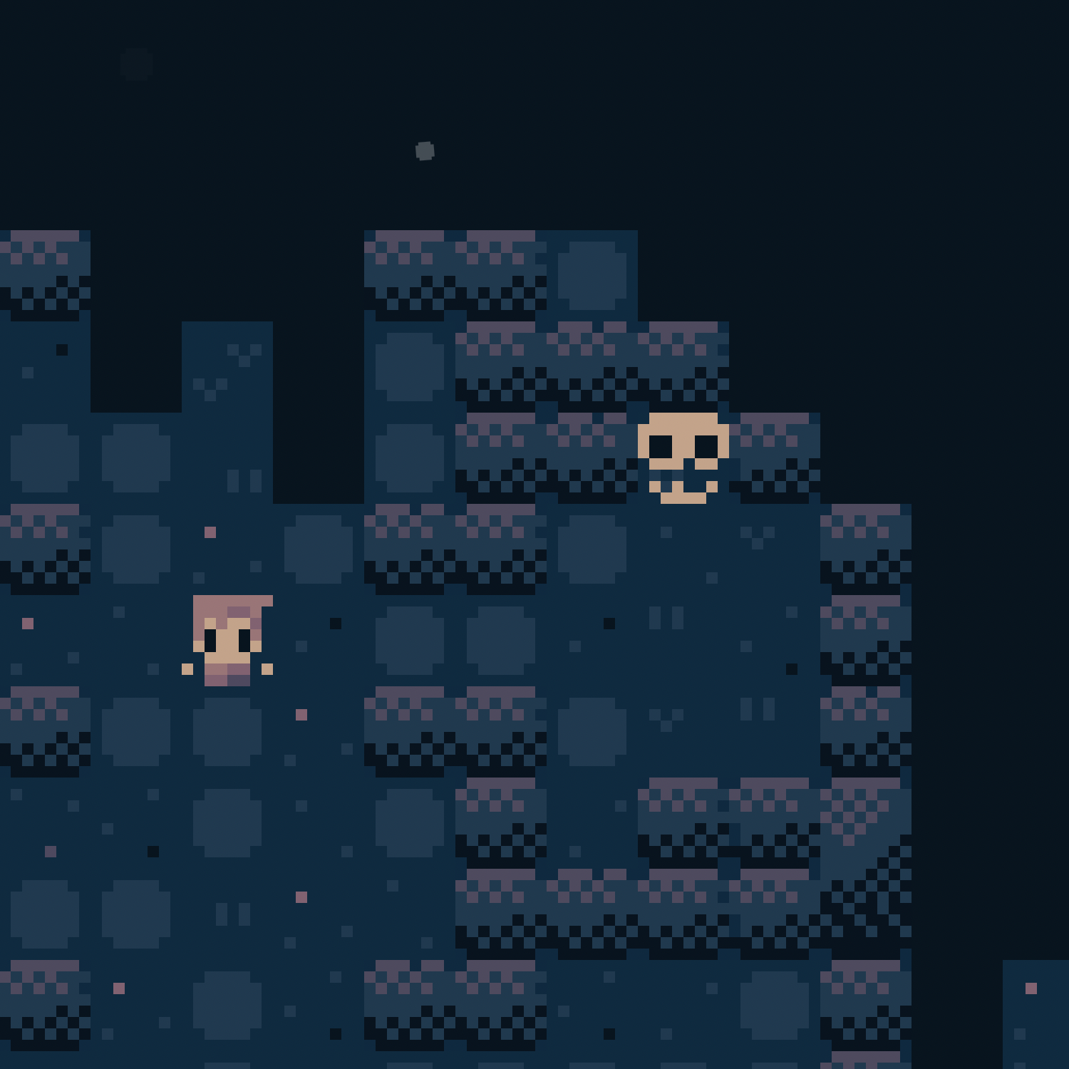 A pixel art screenshot of a player and a reanimated skull in a dungeon.