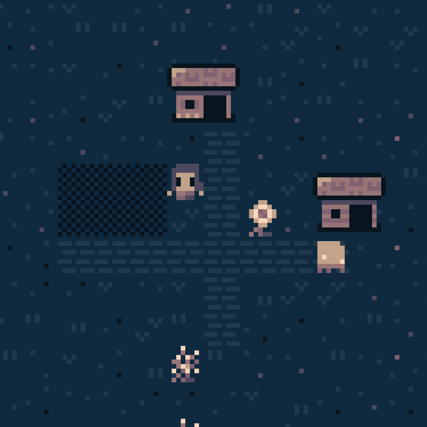 A pixel art screenshot of two villagers, two shacks, and a small brick path connecting them.